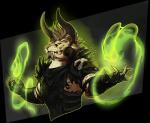 action_pose ambiguous_gender anthro bone claws clothing fangs fur green_eyes horn magic mane multi_ear pose simple_background skull solo teeth blackchaos666 guild_wars charr felid mammal