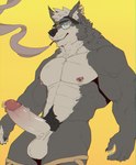 abs anthro barazoku big_penis biped blue_eyes body_hair bottomwear bottomwear_down cigarette cigarette_in_mouth cigarette_smoke clothed clothing ear_piercing ear_ring erection eyewear foreskin fur genital_piercing genitals glasses grey_body grey_fur hair happy_trail humanoid_genitalia humanoid_penis looking_at_viewer male muscular muscular_anthro muscular_male nipple_piercing nipple_ring nipples nude_anthro nude_male object_in_mouth pants pants_down partially_clothed pecs penis penis_piercing piercing pubes retracted_foreskin ring_piercing short_hair simple_background smile smiling_at_viewer smoke smoking smoking_cigarette solo vein veiny_penis wearing_glasses yellow_background mr_nellory canid canine canis mammal wolf digital_drawing_(artwork) digital_media_(artwork) hi_res