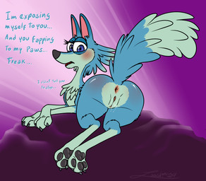 3_toes anus big_butt blue_body blue_eyes blue_fur blush butt claws countershading digitigrade exposed feet female feral fur genitals head_tuft huge_butt humanoid_genitalia humanoid_genitalia_on_feral humanoid_vulva humanoid_vulva_on_feral insult insulting_viewer looking_at_viewer neck_tuft nude pawpads paws presenting presenting_anus presenting_hindquarters presenting_vulva shy solo tail tail_tuft talking_to_viewer toes tuft vulva wet zooshi night_of_the_zoopocalypse gracie_(night_of_the_zoopocalypse) canid canine canis mammal wolf 2024 absurd_res digital_drawing_(artwork) digital_media_(artwork) hi_res