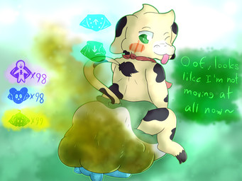 ambiguous_gender anthro blush clothed clothing diaper duo fart fart_fetish feces gameplay_mechanics inanimate_transformation plushie plushie_transformation plushification pooping scatplay simple_background soiled_diaper soiling status_effect tail text tongue tongue_out transformation trapped unclean_diaper used_diaper wearing_diaper inactivelime animate_inanimate bovid bovine cattle living_plushie mammal 2024 4:3 digital_media_(artwork) english_text hi_res