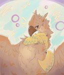 ambiguous_gender beak brown_beak brown_body brown_feathers chest_tuft feathers fluffy looking_at_viewer mostly_nude scarf scarf_only simple_background solo tan_body tan_feathers tuft wings yellow_eyes metalisk avian bird 2025 absurd_res hi_res