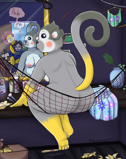 anthro areola beady_eyes big_breasts big_butt black_eyes black_nose breasts butt dialogue eyelashes female fur gloves_(marking) grey_body grey_fur group leg_markings long_tail looking_back markings mirror navel nipples nude pink_areola pink_nipples rear_view rosy_cheeks sitting socks_(marking) speech_bubble tail text thick_thighs trio wide_hips yellow_body yellow_fur nocheeseburger animal_crossing nintendo bb_(nocheeseburger) shari_(animal_crossing) tammi_(animal_crossing) haplorhine human mammal monkey primate digital_media_(artwork) english_text hi_res