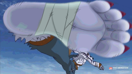 5_toes anthro bandage bandaged_foot barefoot belt blue_bottomwear blue_clothing blue_pants bottomwear claws clothing feet fluffy foot_fetish foot_focus foot_shot fur humanoid_feet kick male muscular muscular_male pants plantigrade purple_stripes red_claws screencap sky solo striped_body striped_fur stripes toe_claws toes white_body white_feet white_fur brunisdraws third-party_edit bandai_namco digimon toei_animation canid digimon_(species) mammal weregarurumon 2026 hi_res redraw screencap_edit