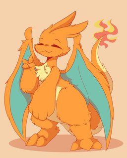 ambiguous_gender anthro blue_body cheek_tuft chest_tuft eyes_closed facial_tuft fire fluffy fur gesture hand_gesture multicolored_body multicolored_fur orange_body orange_fur paws pokemorph simple_background solo standing tuft two_tone_body two_tone_fur v_sign white_body white_fur wings smolsammich mythology nintendo pokemon charizard dragon furred_dragon furred_scalie generation_1_pokemon mythological_creature mythological_scalie pokemon_(species) scalie colored
