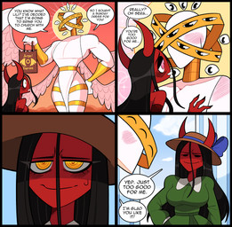 2_horns big_breasts black_hair blush bodily_fluids breasts clothing dialogue duo female hair horn humor multi_eye muscular muscular_female not_furry orange_eyes red_body red_skin sweat sweatdrop text thick_thighs white_body white_skin wings idolomantises lili_(idolomantises) sera_(idolomantises) angel biblically_accurate_angel demon demon_humanoid humanoid succubus absurd_res comic english_text hi_res