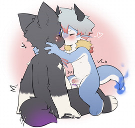 anthro arm_tuft black_body black_horn blue_body blue_markings bodily_fluids circle_eyebrows countershading dipstick_tail duo elbow_tuft emanata eyebrows eyes_closed facial_markings feet foreskin frottage genitals glans gloves_(marking) grey_hair hair head_markings highlights_(coloring) horn kissing leaning leaning_backward male male/male markings nude partially_retracted_foreskin pattern_background penile penis penises_touching pink_highlights purple_glans saliva saliva_on_face saliva_string sex shoulder_tuft simple_background tail tail_markings toeless_(marking) tuft white_body white_countershading young young_anthro navi_(artist) mythology domestic_cat dragon felid feline felis mammal mythological_creature mythological_scalie scalie absurd_res hi_res
