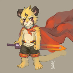anthro bottomwear cape clothing fur fur_markings hair heat_sword male markings melee_weapon navel nipples purple_eyes shirtless_male shorts shota smile solo standing sword tail weapon yellow_body yellow_fur young young_male ainro elysium_above jue_ming felid mammal pantherine tiger 1:1