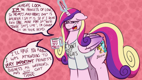 beverage big_butt bodily_fluids body_writing bottomless butt chest_tuft clothed clothing coffee coffee_mug container cum cum_dumpster cum_on_leg cup cutie_mark dialogue ears_back female feral genital_fluids grumpy heart_background heart_pattern heart_symbol holding_beverage holding_coffee_mug holding_container holding_cup holding_mug holding_object horn magic mug open_mouth pattern_background pivoted_ears shirt simple_background solo species_in_dialogue speech_bubble suggestive_clothing suggestive_shirt suggestive_topwear t-shirt tally_marks telekinesis text text_on_clothing text_on_container text_on_shirt text_on_topwear text_print topwear tuft underline western_tally_marks wings writing_on_butt writing_on_thigh poneboning friendship_is_magic hasbro my_little_pony mythology princess_cadance_(mlp) equid equine mammal mythological_creature mythological_equine winged_unicorn absurd_res english_text hi_res