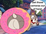 angry anthro big_butt bottomless buckteeth butt clothed clothing dessert detailed_background dialogue doughnut female food looking_at_viewer looking_back open_mouth pastry purple_eyes scut_tail short_tail solo speech_bubble stuck tail teeth text goofermutt disney judy_stuck_in_donut_redraw zootopia judy_hopps european_rabbit lagomorph leporid mammal oryctolagus rabbit english_text hi_res