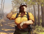 anthro armor backpack bottomwear brown_eyes brown_hair clothing electronics eyewear female firefighter firefighter_uniform forest forest_background gesture gloves goggles green_bottomwear green_clothing green_pants hair hand_gesture handwear hard_hat headgear helmet nature nature_background pants plant shirt shovel smile solo standing thumbs_up tools topwear tree uniform walkie-talkie yellow_clothing yellow_shirt yellow_topwear greasymojo leslie_ward_(spyglass8) clydesdale draft_horse equid equine horse mammal digital_media_(artwork) hi_res