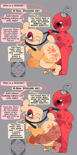 anal anthro butt_slap duo herm humiliation intersex intersex/male makeup male markings ornament running slap spanking text tongue tikxtakxtoo blushcrunch_studio dandy's_world roblox bobette_(dandy's_world) goob_(dandy's_world) hi_res