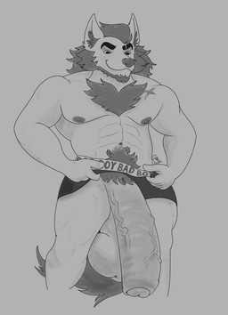 abs anthro balls beard big_balls big_penis body_hair chest_hair chest_tuft clothing eyebrows facial_hair flaccid foreskin genitals hair huge_balls huge_penis hyper hyper_balls hyper_genitalia hyper_penis long_hair looking_at_genitalia looking_at_penis male muscular muscular_anthro muscular_male navel nipples pecs penis pubes scar smile solo standing tail text thick_eyebrows thick_penis tuft underwear vein veiny_penis claycow wolfy_mclovin_(character) canid canine canis mammal wolf absurd_res english_text hi_res monochrome