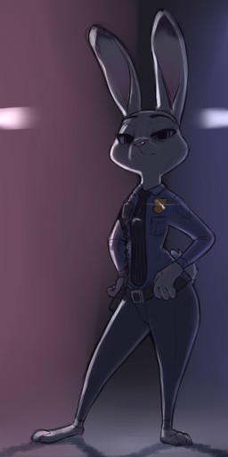 anthro badge barefoot belt biped bottomwear claws clothed clothing dipstick_ears ear_markings ears_up feet female front_view fur grey_body grey_fur half-closed_eyes light lights looking_at_viewer multicolored_ears narrowed_eyes necktie pants police police_uniform scut_tail shadow short_tail simple_background solo standing tail toe_claws uniform ciwi disney zootopia judy_hopps lagomorph leporid mammal rabbit