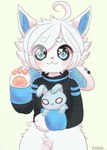 :3 ahoge animal_plushie anthro blue_eyes blush chibi clothing fluffy fur hair heart_catchlight heart_eyes heart_symbol holding_object holding_plushie looking_at_viewer male multicolored_body multicolored_fur pawpads pink_nose pink_pawpads plushie rabbit_plushie raised_hand short_hair simple_background solo topwear two_tone_body two_tone_fur white_body white_fur white_hair yookow kitsugi artist_name