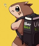 anthro backpack biped blush brown_body brown_fur fur semi-anthro simple_background solo text tongue tongue_out ke_mo_suke nintendo pokemon uber uber_eats furret generation_2_pokemon pokemon_(species) 2022 hi_res