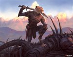 anthro armor barefoot blue_sky braided_mane cloud digitigrade feet female fur holding_melee_weapon holding_object holding_sword holding_weapon leather leather_armor logo melee_weapon mountain pose sky solo spikes spikes_(anatomy) striped_body striped_fur stripes sun sword tail weapon justine_cruz hasbro magic:_the_gathering wizards_of_the_coast zar_ojanen alien felid leonin mammal pantherine phyrexian tiger 2022 official_art