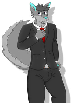 accessory anthro belt belt_buckle big_tail blazer blue_claws blue_eyes blue_inner_ear blue_nose bottomwear buckle bulge button_(fastener) cheek_tuft claws clothing eyewear facial_tuft finger_claws fur glasses grey_body grey_fur grey_inner_ear_fluff head_tuft inner_ear_fluff male male_anthro neck_tuft necktie pants round_glasses shirt_collar solo suit tail tuft hudi canid canine canis mammal wolf absurd_res hi_res