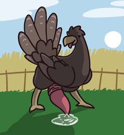 beak big_penis bodily_fluids brown_body brown_feathers cloud feathers feet fence feral genital_fluids genitals grass huge_penis hyper hyper_genitalia hyper_penis looking_at_viewer male outside penis plant precum precum_puddle presenting presenting_penis shadow sky solo sun tail tail_feathers talons tapering_penis toes tongue tongue_out wings gandergeist avian bird galliform phasianid turkey aliasing digital_media_(artwork) hi_res