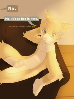 animal_genitalia anthro begging bodily_fluids genitals heat_(temperature) male nude nude_anthro sheath sitting solo sweat text taytaytaylor domestic_cat felid feline felis mammal 3:4 english_text hi_res