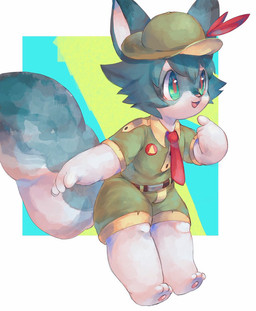 anthro belt blue_body blue_fur blue_hair bottomwear clothed clothing fur gesture green_bottomwear green_clothing green_eyes green_hat green_headwear green_shirt green_shorts green_topwear hair hand_gesture hat headgear headwear kemono male open_mouth pawpads pink_pawpads pointing pointing_at_self scout_uniform shirt shorts solo topwear white_body white_fur young young_anthro 4040tinta canid canine fox mammal 2019 hi_res