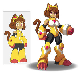 3_toes anthro arm_cannon armor armored_boots brown_body brown_fur brown_tail clothing ears_as_hair eyewear eyewear_on_head feet female fur gauntlets gloves goggles goggles_on_head handwear legwear looking_at_viewer pointy_ears ranged_weapon red_eyes shadow simple_background solo suit tail toes topwear weapon weapon_arm white_background ultimatemaverickx gameoverse glitch_productions kit_bodega felid mammal