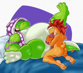 anal anal_fluids anal_penetration animal_genitalia animal_penis anthro anthro_on_anthro anthro_penetrated anthro_penetrating anthro_penetrating_anthro anus belly big_belly bodily_fluids clothed clothing fellatio genitals green_body hair half-closed_eyes jacket larger_anthro larger_male looking_pleasured male male/male male_penetrated male_penetrating male_penetrating_male masturbating_during_fellatio narrowed_eyes nude open_clothing open_jacket open_mouth open_smile open_topwear oral overweight overweight_male penetration penile penile_penetration penis penis_in_ass penis_in_mouth red_hair saliva saliva_on_penis saliva_on_tongue sex simple_background size_difference slit_penis smaller_anthro smaller_male smile smiling_at_another smiling_at_partner spread_legs spreading tongue tongue_out tongue_out_fellatio topwear vein veiny_penis yellow_body ben_d_koopa benediktus_(artist) mario_bros nintendo tinto_(nkz) veni_(nkz) koopa scalie yoshi 2025 hi_res watermark