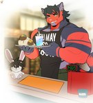 anthro apron beverage big_muscles bottomwear burrito clothing dinner food fur green_eyes looking_at_viewer male muscular muscular_anthro muscular_male pants serving_tray smile solo yellow_sclera kingdomvelvet alex_archer domestic_cat felid feline felis mammal absurd_res digital_media_(artwork) hi_res