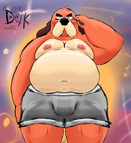 anthro belly big_belly bottomwear bulge clothed clothing gesture male nipples overweight partially_clothed salute shorts simple_background solo thick_thighs topless ugly-rat15508 brawl_stars supercell_(company) ruffs_(brawl_stars) canid canine canis domestic_dog mammal digital_media_(artwork) hi_res