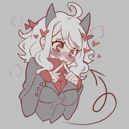 5_fingers ahoge black_horn blush breasts cleavage clothed clothing eyebrows female fingers grey_background hair heart_eyes heart_symbol horn looking_down not_furry red_eyes short_hair simple_background solo spade_tail suit sweater tail topwear turtleneck white_body white_eyebrows white_hair white_skin imako-chan helltaker modeus_(helltaker) demon demon_humanoid humanoid 1:1 half-length_portrait hi_res portrait