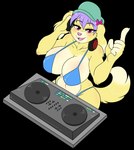 alpha_channel anthro big_breasts bikini breasts canid canine canis clothing domestic_dog electronics female fur hair hat_ribbon headphones huge_breasts looking_at_viewer mammal open_mouth purple_hair raised_finger record red_eyes rook_(skidd) skidd solo standing swimwear tail two-piece_swimsuit yellow_body yellow_fur