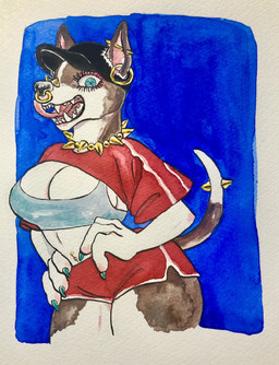 anthro athletic_wear big_breasts blue_eyes bottomwear bra breasts cleavage clothed clothing collar crop_top dolphin_shorts ear_piercing ear_ring eyewear facial_piercing female fur furgonomics gym_bottomwear gym_shorts hair hand_on_hip hat headgear headwear hotpants jewelry licking licking_lips makeup nails navel navel_piercing nose_piercing nose_ring open_mouth piercing ring_piercing septum_piercing shirt shorts solo spiked_collar spikes tail teeth tongue tongue_out topwear underwear kyokyota canid canine canis domestic_dog mammal pit_bull 2021 hi_res painting_(artwork) traditional_media_(artwork) watercolor_(artwork)