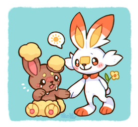 3_fingers 3_toes ambiguous_gender biped black_eyes blue_background blush blush_lines bodily_fluids border brown_body brown_fur cheek_tuft comforting crying duo ear_markings eyelashes facial_tuft feet feral fingers flower fluffy fluffy_tail fur hand_holding holding_flower holding_object leg_markings looking_at_another markings open_mouth orange_body orange_eyes orange_fur orange_markings pawpads paws pink_inner_ear pink_pawpads plant romantic romantic_couple short_tail simple_background sitting smile socks_(marking) speech_bubble standing sun sun_symbol tail tan_body tan_fur tears toes tuft white_body white_border white_fur yellow_body yellow_flower yellow_fur yellow_inner_ear yellow_markings wolfwithwing nintendo pokemon buneary generation_4_pokemon generation_8_pokemon lagomorph mammal pokemon_(species) scorbunny chromatic_aberration signature