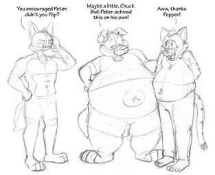 5_toes anthro belly deep_navel dialogue feet fur group hand_on_head jewelry male male/male markings muscular navel necklace overweight partially_covered_belly shoeless simple_background striped_body striped_fur striped_markings stripes tail text toes trio white_background furshinku chuck_(furshinku) pepper_(furshinku) peter_(furshinku) canid canine canis domestic_cat domestic_dog felid feline felis german_shepherd herding_dog mammal pastoral_dog english_text guide_lines monochrome sketch