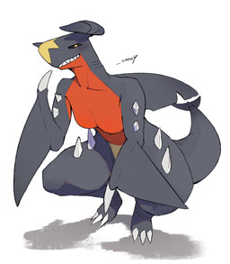 3_toes anatomically_inaccurate anthro black_body black_sclera breasts claws crouching feet female female_anthro fin head_fin medium_breasts multicolored_body navel notched_fin nude nude_anthro nude_female pupils red_body shadow shark_tail shark_teeth sharp_teeth simple_background slit_pupils smile smiling_at_viewer solo spikes spikes_(anatomy) teeth thick_thighs toe_claws toes white_background wing_claws winged_arms wings yellow_body yellow_eyes sme4 nintendo pokemon garchomp generation_4_pokemon pokemon_(species) 2026 hi_res japanese_description portrait signature