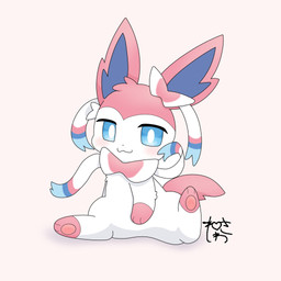 ambiguous_gender blue_eyes blush bow_(anatomy) feral fur happy looking_at_viewer paws pink_body pink_fur ribbons_(anatomy) simple_background solo tail white_body white_fur neisawa nintendo pokemon eeveelution generation_6_pokemon pokemon_(species) sylveon 1:1 hi_res