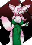 anthro apron beverage big_breasts breasts claws clothing coffee eyebrows female fur hair nails pawpads paws pen pink_body pink_fur red_eyebrows red_eyes red_hair solo tail tongue tongue_out white_body white_fur white_hair zer0_dps i_mean_breast_milk starbucks vtuber foxy_(foxyfursure) canid canine fox mammal absurd_res hi_res meme