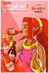 clothed clothing drinking eyes_closed female food hair hot_sauce not_furry ponytail red_hair solo text unknown_artist frank's_redhot nintendo oracle_of_seasons the_legend_of_zelda din deity humanoid hylian 2:3 english_text