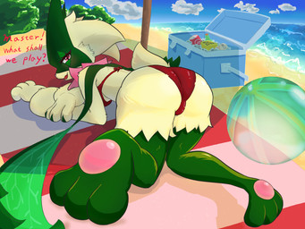 anthro bikini butt clothing female feral fur kneeling light looking_at_viewer looking_back lying_on_ground mask on_ground paws pink_eyes presenting presenting_hindquarters red_clothing seaside solo sunlight swimwear text two-piece_swimsuit wearing_mask yellow_body yellow_fur octakochin nintendo pokemon domestic_cat felid feline felis generation_7_pokemon generation_9_pokemon mammal meowscarada pokemon_(species) hi_res