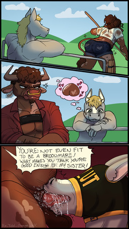 anatomically_correct anatomically_correct_genitalia anatomically_correct_penis angry angry_sex anthro asphyxiation balls bdsm being_watched belly belly_overhang big_balls blonde_hair blue_sky bodily_fluids bottomwear brown_body brown_eyes brown_fur brown_hair butt choking clothing day deep_throat denim denim_bottomwear denim_clothing denim_shorts dirty_talk dominant dominant_male duo facial_hair facial_piercing farm female fence fencepost field fur genitals goatee golden_ring green_eyes grey_body grey_fur hair harness heart_symbol hood horn irrumatio light long_tail looking_at_another male male/male multicolored_body multicolored_fur musclegut muscular neck_bulge nose_piercing nose_ring oral oral_penetration penetration penile penis penis_in_mouth piercing ring_piercing rough_sex saliva saliva_on_face saliva_on_penis saliva_string scar sex shirt shorts sky sparkles speech_bubble submissive submissive_male sunlight sweat sweaty_body tail text thick_penis throat_swabbing topwear two_tone_body two_tone_fur tidal_change cashew_(gray_the_horse) gray_(gray_the_horse) hazel_(gray_the_horse) bovid bovine cattle equid equine mammal hi_res