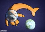 anthro armor astronaut big_eyes black_eyes chibi clothed clothing cloud earth glass grey_body headgear helmet male orange_clothing orbit planet simple_background solo space spacesuit star orbitalis orb_(orbitalis) fish marine shark