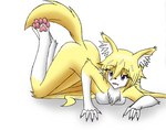 anthro ass_up blonde_hair butt chest_tuft claws dandruff fangs female gloves_(marking) hair inner_ear_fluff leg_markings long_hair looking_at_viewer markings nude open_mouth purple_claws purple_eyes simple_background socks_(marking) solo teeth tuft white_background nikku_lunatique ouko_furinji canid canine canis fox mammal hi_res