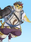 anthro asian_clothing biped black_clothing black_fundoshi black_underwear blue_background clothed clothing east_asian_clothing fundoshi japanese_clothing kemono male overweight overweight_male simple_background solo underwear white_body yellow_body inooka tamacolle hitachi_(tamacolle) felid mammal pantherine tiger 2022 3:4