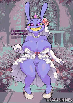 anthro areola balls big_breasts biped breasts cleavage clothed clothing crossgender dialogue dress eyelashes footwear front_view genitals gynomorph heart_eyes heart_symbol high_heels intersex mtg_crossgender mti_crossgender no_underwear penis pupils purple_body shoes small_penis smile solo text thick_thighs wedding_dress wide_hips yellow_sclera donnitro72 glitch_productions the_amazing_digital_circus jax_(tadc) lagomorph leporid mammal rabbit english_text hi_res