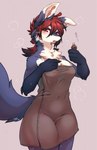 4_fingers after_shower anthro female fingers fluffy fur grey_body grey_fur hair holding_object kemono looking_down red_eyes red_hair simple_background solo standing towel towel_only wet white_body white_fur ingi ingi_(character) canid canine fox mammal 2022 dated hi_res signature