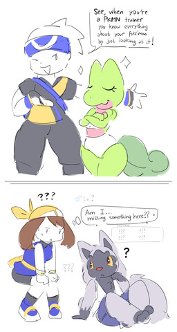 anthro backpack bottomwear clothed clothing confusion crossed_arms crouching dialogue eyes_closed fanny_pack female gender_symbol group kerchief male male_symbol one_eye_closed pants question_mark shirt shorts smile symbol tank_top text topwear wink elpatrixf nintendo pokemon brendan_(pokemon) may_(pokemon) papucho_(elpatrixf) pokemon_trainer generation_3_pokemon human mammal pokemon_(species) poochyena reptile scalie treecko comic english_text hi_res sketch