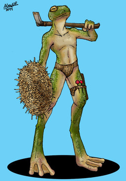 anthro axe barefoot biped clothed clothing dart feet green_body green_skin holding_object holding_weapon leather leather_clothing legband long_legs male melee_weapon membrane_(anatomy) shield simple_background skinny solo speedo swimwear toes topless weapon weapon_on_shoulder webbed_feet wicker_shield alexmr amphibian frog 2014
