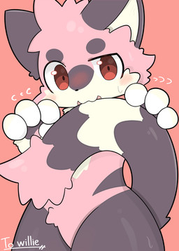 4_fingers anthro black_nose blush blush_lines cheek_tuft facial_tuft fingers fur grey_markings head_tuft kemono looking_at_viewer male markings nude pink_body pink_fur pupils red_eyes simple_background small_pupils solo tail tail_in_mouth tan_body tan_fur text tuft young mujimuji1010 felid feline mammal absurd_res colored digital_drawing_(artwork) digital_media_(artwork) english_text hi_res shaded