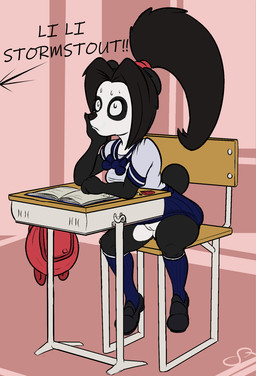 adolescent anthro arm_support backpack black_body black_clothing black_footwear black_nose black_shoes blue_bottomwear blue_bow blue_clothing blue_footwear blue_shirt blue_skirt blue_socks blue_topwear bodily_fluids book bottomwear bow_accessory caught_in_the_act chair classroom clothed clothing clothing_bow desk dialogue eraser exhibitionism eyelashes female footwear frown furgonomics furniture genitals hair legwear loli multicolored_body no_underwear pencil_(object) ponytail school school_desk school_uniform shirt shoes sitting skirt socks solo spread_legs spreading surprised sweat swinging_legs table tail tail_through_skirt topwear two_tone_body uniform upskirt vulva white_body white_clothing white_shirt white_topwear wide_eyed young young_anthro young_female squeedrii_(artist) blizzard_entertainment warcraft li_li_stormstout bear mammal pandaren hi_res