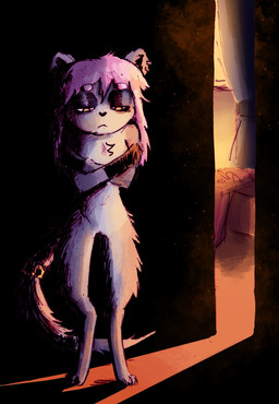 clothing dark dark_eyelids door ear_piercing female furgonomics gloves hair handwear nude piercing pink_hair sad self_hug solo yellow_eyes puapka absurd_res hi_res