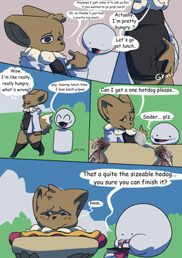 ambiguous_gender anthro belly beverage black_clothing black_legwear black_shirt black_stockings black_topwear brown_body clothing coat dialogue dipstick_tail featureless_crotch food hot_dog huge_thighs lab_coat legwear markings overweight overweight_ambiguous overweight_anthro photo rumbling_stomach shirt simple_background soda speech_bubble stockings tail tail_markings text thick_thighs topwear 6saw789 nintendo pokemon anon eevee generation_1_pokemon pokemon_(species) 2025 absurd_res comic digital_drawing_(artwork) digital_media_(artwork) english_text hi_res mixed_media shaded